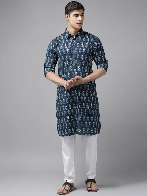 Men_Blue_Leaf_Print_Pure_Cotton_Pathani_kurta_with_Pyjama
