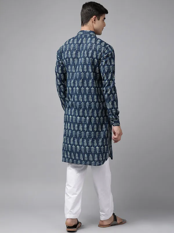 Men_Blue_Leaf_Print_Pure_Cotton_Pathani_kurta