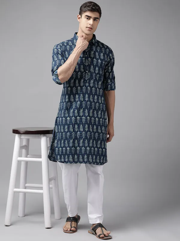 Men_Blue_Leaf_Print_Pure_Cotton_Pathani_kurta