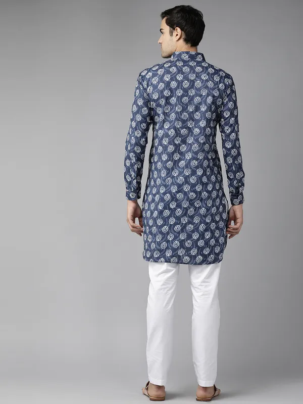 Men_Indigo_Regular_Pure_Cotton_Pathani_Printed_Men'S_Kurta_With_White_Salwar
