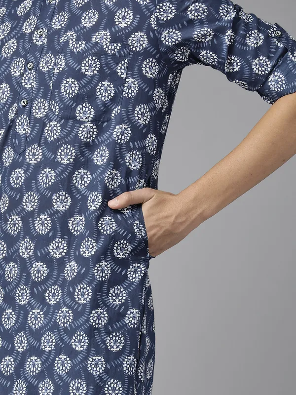 Men_Indigo_Regular_Pure_Cotton_Pathani_Printed_Men'S_Kurta_With_White_Salwar