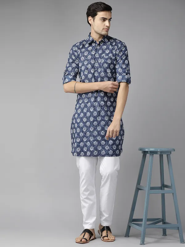 Men_Indigo_Regular_Pure_Cotton_Pathani_Printed_Men'S_Kurta_With_White_Salwar