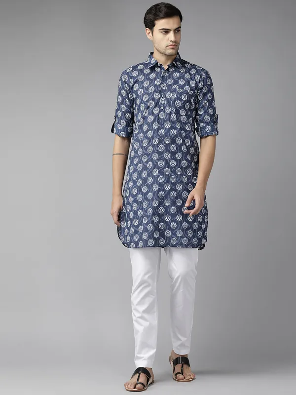 Men_Blue_Dandelion_Floral_Print_Pathani_kurta_with_pyjama