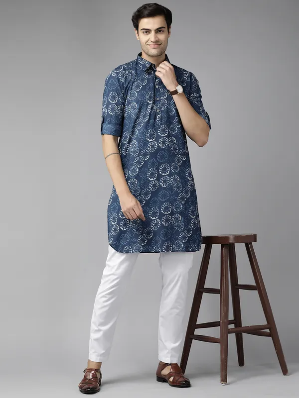 Men_Indigo_Regular_Pure_Cotton_Pathani_Printed_Men'S_Kurta_With_White_Salwar