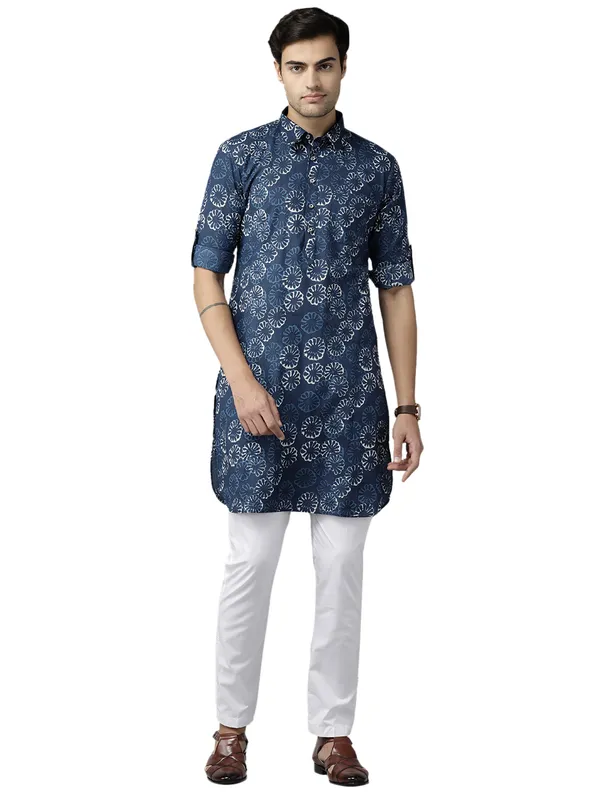 Men_Indigo_Regular_Pure_Cotton_Pathani_Printed_Men'S_Kurta_With_White_Salwar