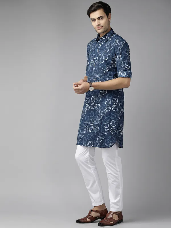Men_Indigo_Regular_Pure_Cotton_Pathani_Printed_Men'S_Kurta_With_White_Salwar