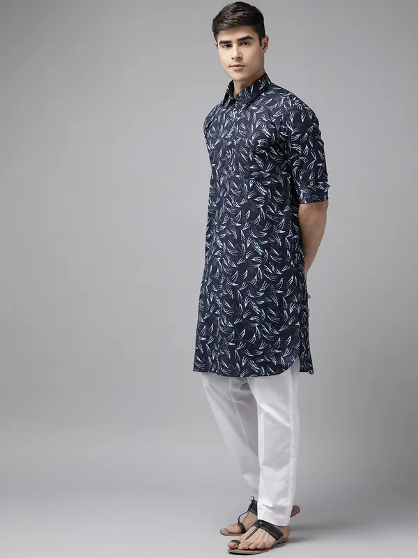 Men_Indigo_Regular_Pure_Cotton_Pathani_Printed_Men'S_Kurta_With_White_Salwar
