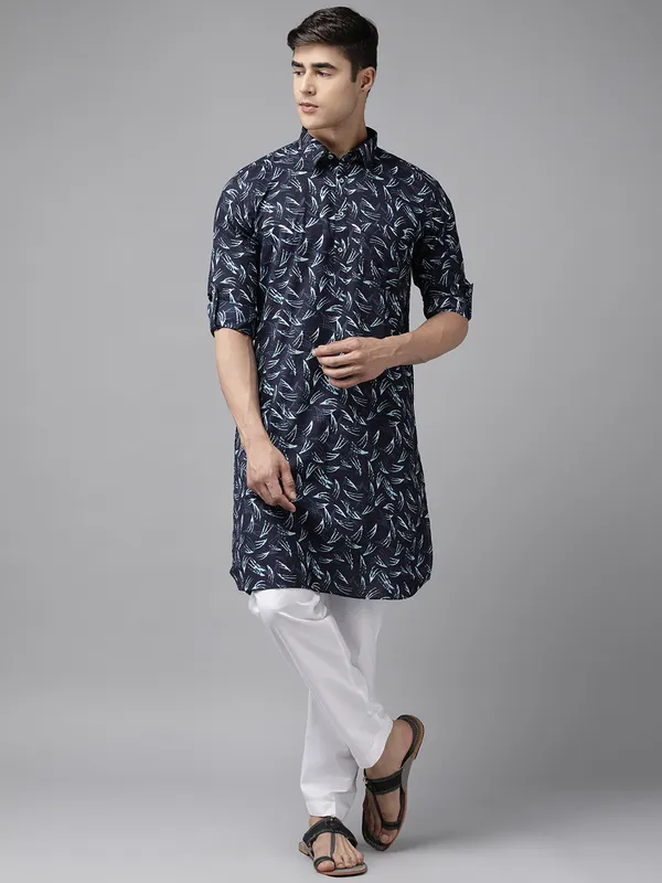 Men_Indigo_Regular_Pure_Cotton_Pathani_Printed_Men'S_Kurta_With_White_Salwar