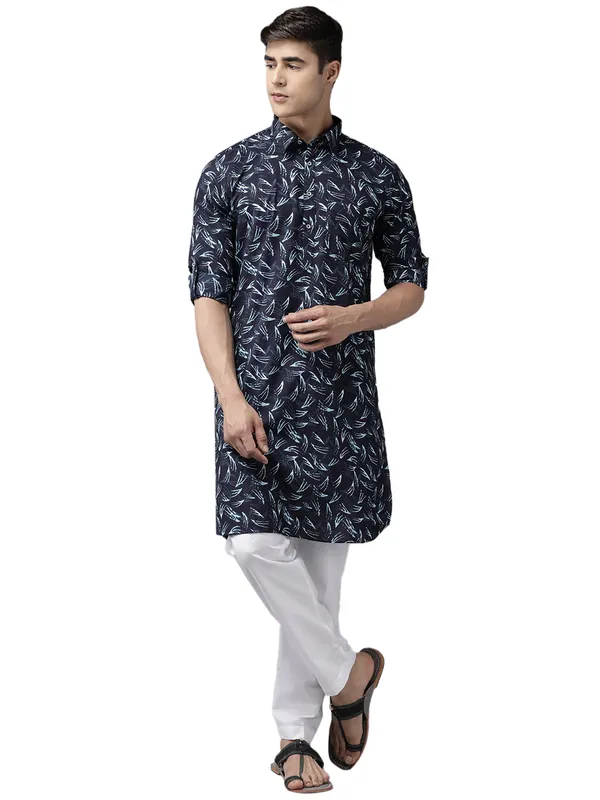 Men_Indigo_Regular_Pure_Cotton_Pathani_Printed_Men'S_Kurta_With_White_Salwar