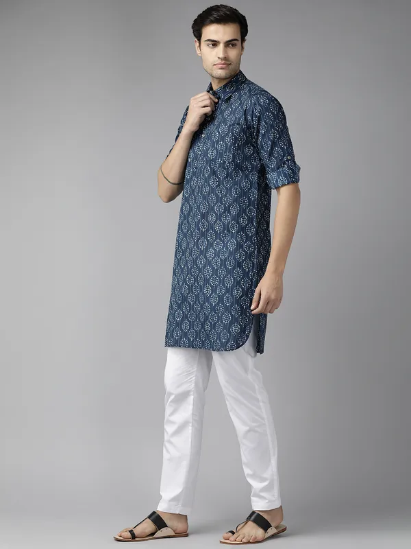 Men_Indigo_Regular_Pure_Cotton_Pathani_Printed_Men'S_Kurta_With_White_Salwar