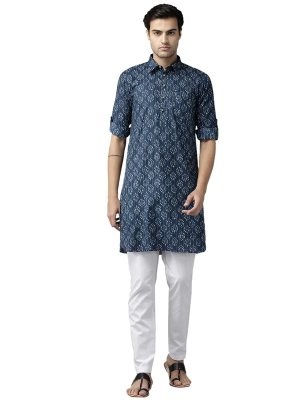 Men_Indigo_Regular_Pure_Cotton_Pathani_Printed_Men'S_Kurta_With_White_Salwar