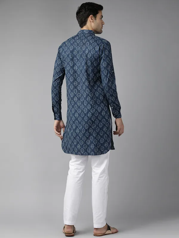 Men_Indigo_Regular_Pure_Cotton_Pathani_Printed_Men'S_Kurta_With_White_Salwar