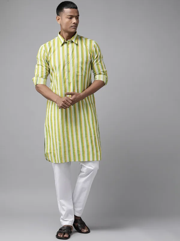 Men_Lime_Green_Regular_Pure_Cotton_Pathani_Printed_Men'S_Kurta_With_White_Salwar