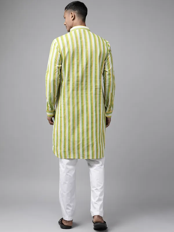 Men_Lime_Green_Regular_Pure_Cotton_Pathani_Printed_Men'S_Kurta_With_White_Salwar