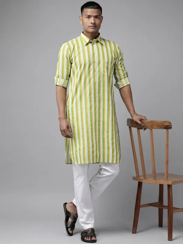 Men_Lime_Green_Regular_Pure_Cotton_Pathani_Printed_Men'S_Kurta_With_White_Salwar
