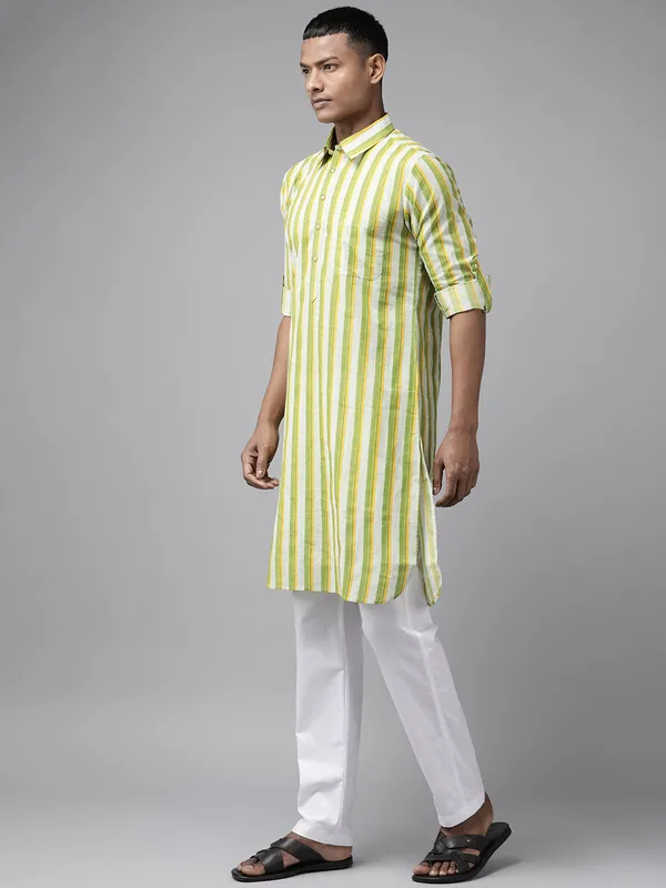 Men_Lime_Green_Pure_Cotton_Pathani_Kurta_with_white_Pyjama