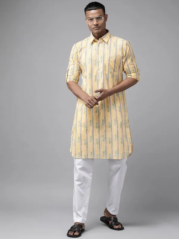 Yellow_and_Brown_Pure_Cotton_Pathani_kurta