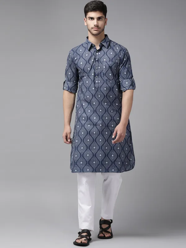 Men_Indigo_Regular_Pure_Cotton_Pathani_Printed_Men'S_Kurta_With_White_Salwar