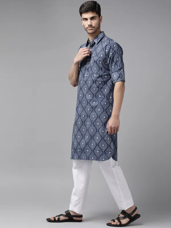 Men_Indigo_Regular_Pure_Cotton_Pathani_Printed_Men'S_Kurta_With_White_Salwar