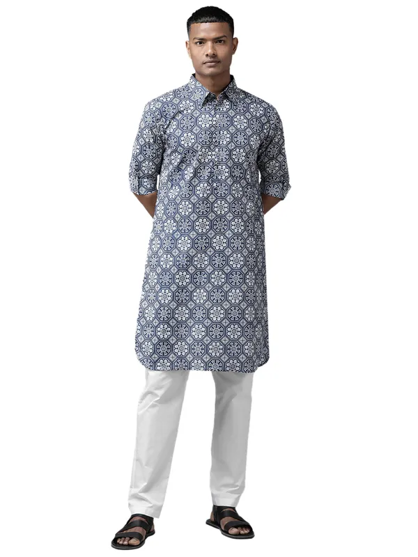 Men_Indigo_Regular_Pure_Cotton_Pathani_Printed_Men'S_Kurta_With_White_Salwar
