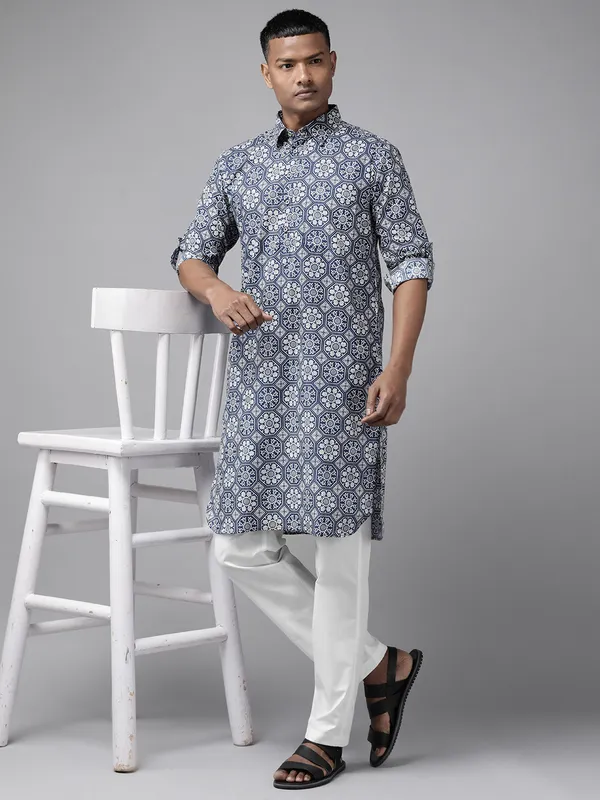 Men_Indigo_Regular_Pure_Cotton_Pathani_Printed_Men'S_Kurta_With_White_Salwar