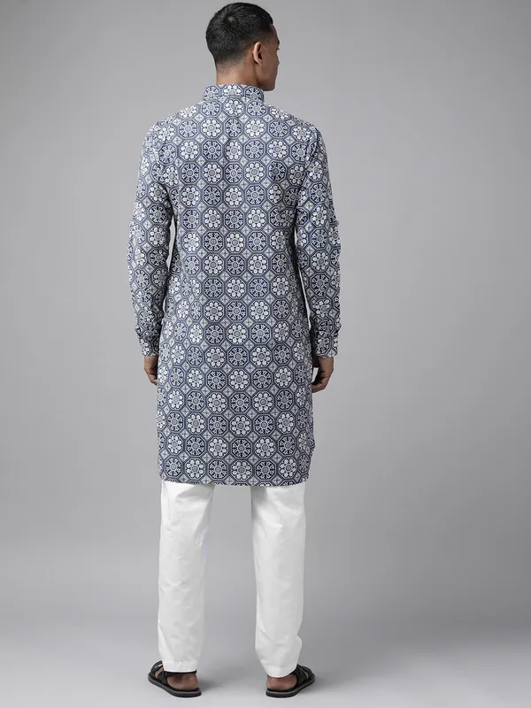 Men_Indigo_Regular_Pure_Cotton_Pathani_Printed_Men'S_Kurta_With_White_Salwar