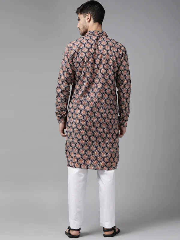 Men_Blue_Regular_Pure_Cotton_Pathani_Printed_Men'S_Kurta_With_White_Salwar