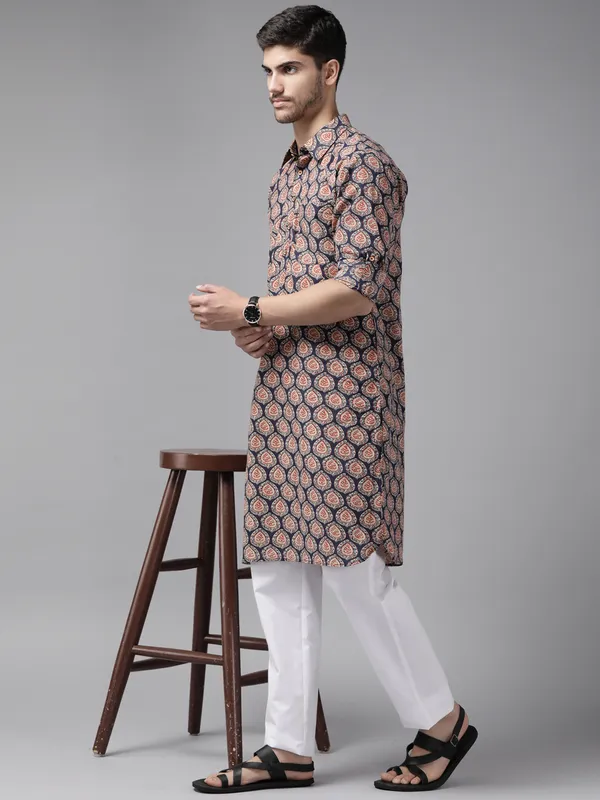 Men_Blue_Regular_Pure_Cotton_Pathani_Printed_Men'S_Kurta_With_White_Salwar