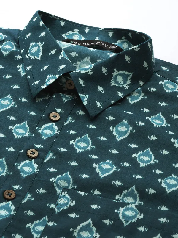 Men_Teal_Blue_Regular_Pure_Cotton_Pathani_Printed_Men'S_Kurta_With_White_Salwar