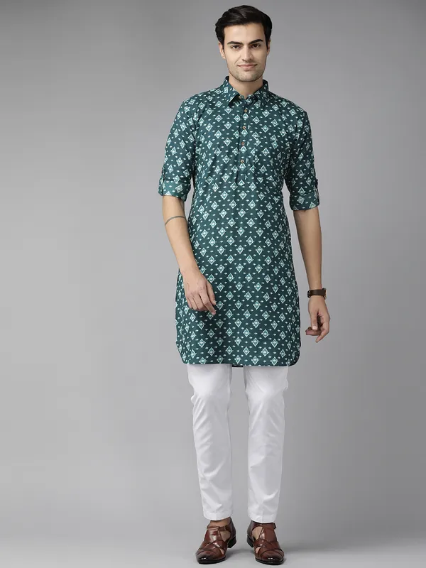 Men_Teal_Blue_Regular_Pure_Cotton_Pathani_Printed_Men'S_Kurta_With_White_Salwar