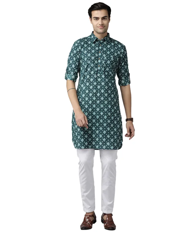 Men_Teal_Blue_Regular_Pure_Cotton_Pathani_Printed_Men'S_Kurta_With_White_Salwar