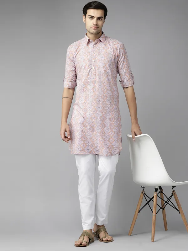 Men_Beige_Regular_Pure_Cotton_Pathani_Printed_Men'S_Kurta_With_White_Salwar