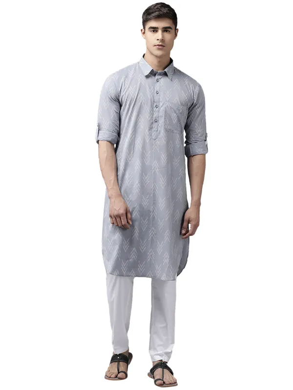 Men_Light_Grey_Regular_Pure_Cotton_Pathani_Printed_Men'S_Kurta_With_White_Salwar