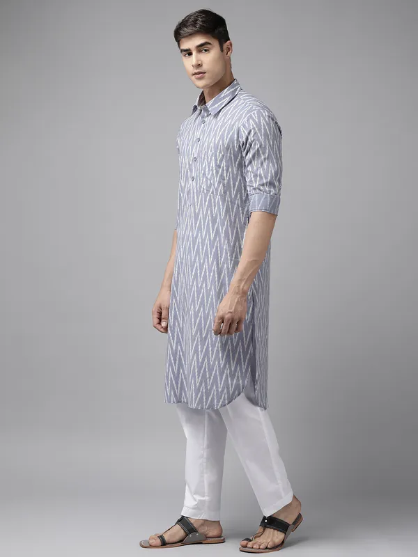 Men_Light_Grey_Regular_Pure_Cotton_Pathani_Printed_Men'S_Kurta_With_White_Salwar