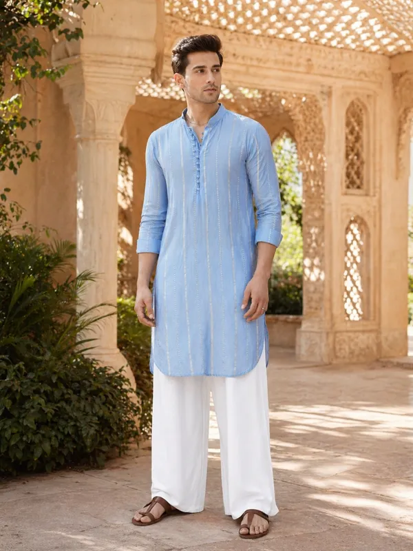Men_Turquoise_Blue_Sequence_Cotton_Kurta_With_Flared_Pyjama
