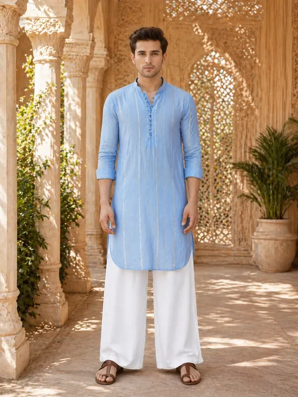 Men_Turquoise_Blue_Sequence_Cotton_Kurta_With_Flared_Pyjama