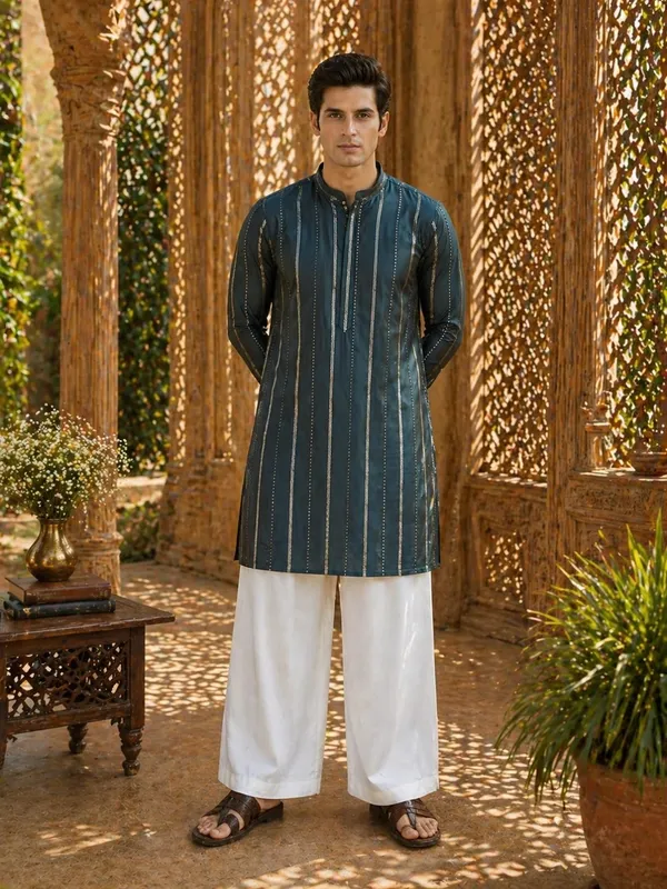 Men's_sequin_Cotton_Chanderi_Kurta_with_Wide_leg_Pyjama