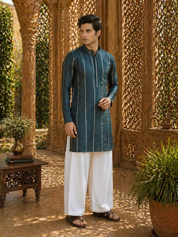 Men_Teal_And_Gold_Chanderi_Silk_Sequins_Kurta_With_Flared_Pyjama