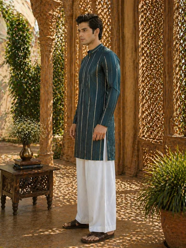 Men's_sequin_Cotton_Chanderi_Kurta_with_Wide_leg_Pyjama