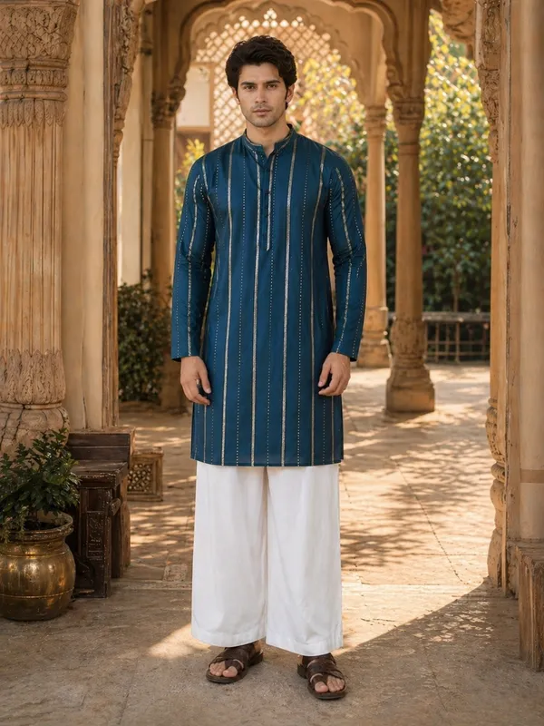 Men_Teal_And_Gold_Chanderi_Silk_Sequins_Kurta_With_Flared_Pyjama