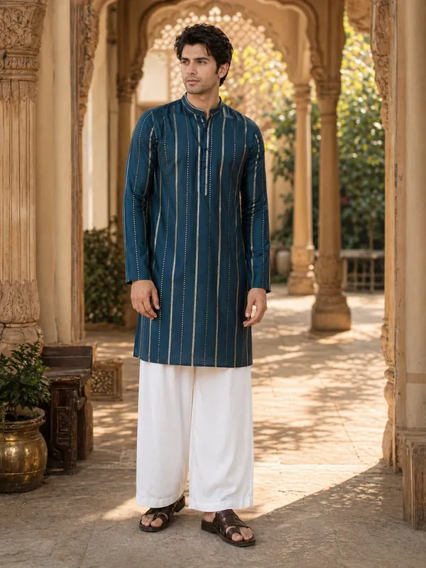 Men_Teal_And_Gold_Chanderi_Silk_Sequins_Kurta_With_Flared_Pyjama