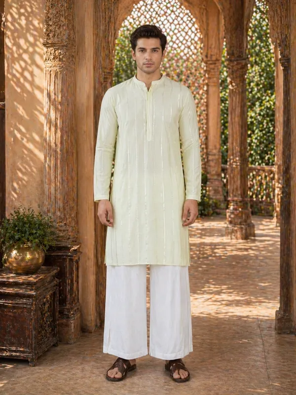 Men_Cream_And_Gold_Chanderi_Silk_Sequins_Kurta_With_Flared_Pyjama
