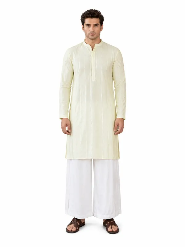 Men_Cream_And_Gold_Chanderi_Silk_Sequins_Kurta_With_Flared_Pyjama
