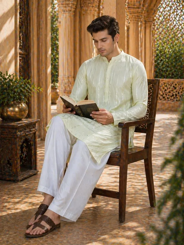 Men_Cream_And_Gold_Chanderi_Silk_Sequins_Kurta_With_Flared_Pyjama