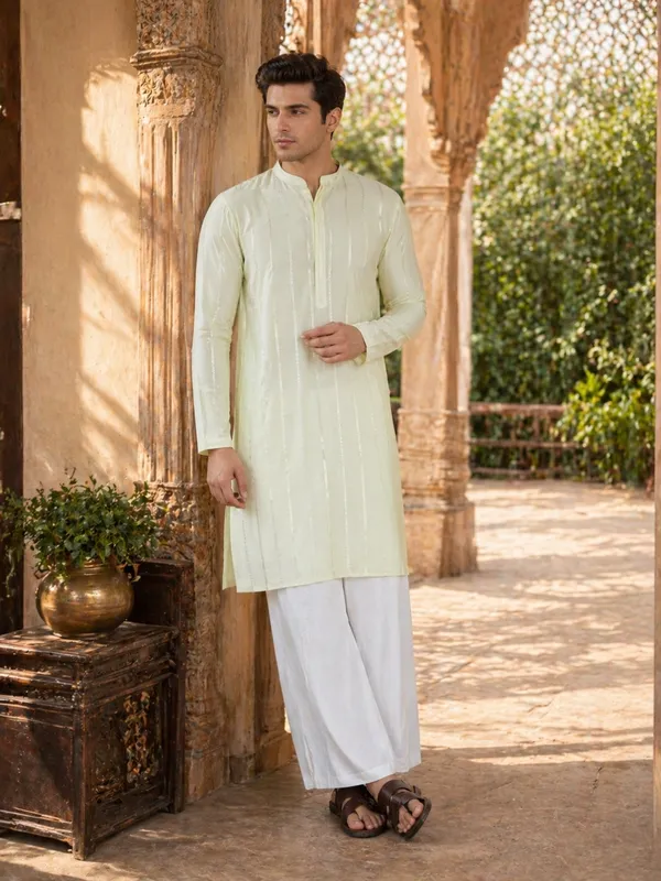 Men_Cream_And_Gold_Chanderi_Silk_Sequins_Kurta_With_Flared_Pyjama