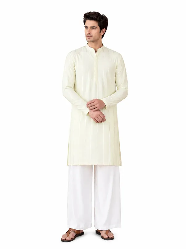 Men_Cream_And_Gold_Chanderi_Silk_Sequins_Kurta_With_Flared_Pyjama