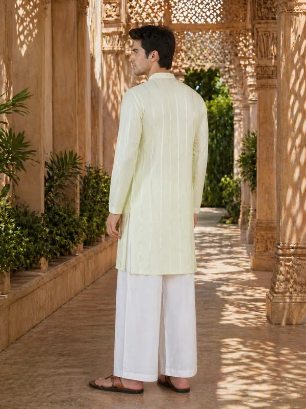 Men_Cream_And_Gold_Chanderi_Silk_Sequins_Kurta_With_Flared_Pyjama