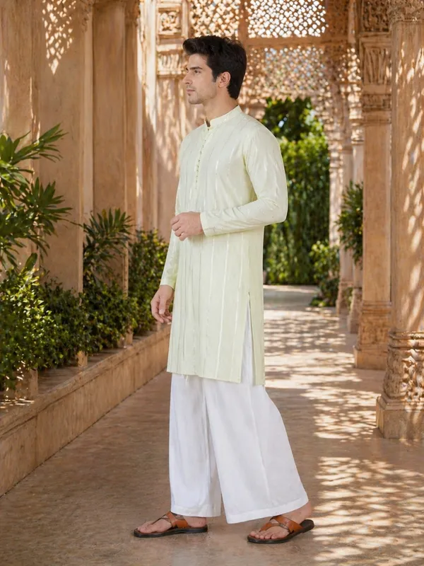 Men_Cream_And_Gold_Chanderi_Silk_Sequins_Kurta_With_Flared_Pyjama