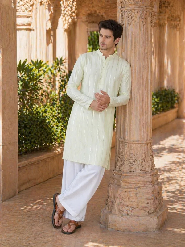Men_Cream_And_Gold_Chanderi_Silk_Sequins_Kurta_With_Flared_Pyjama
