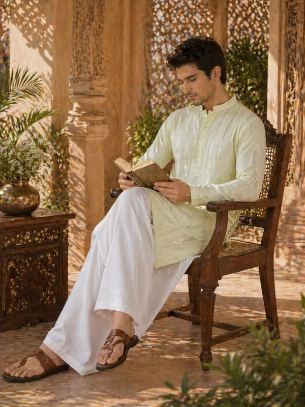 Men_Cream_And_Gold_Chanderi_Silk_Sequins_Kurta_With_Flared_Pyjama